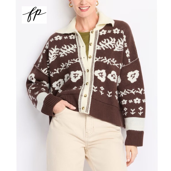 Free People Sweaters - Free People Shelby Cardigan in Chocolate S Cozy Jacquard Knit Boxy Sweater